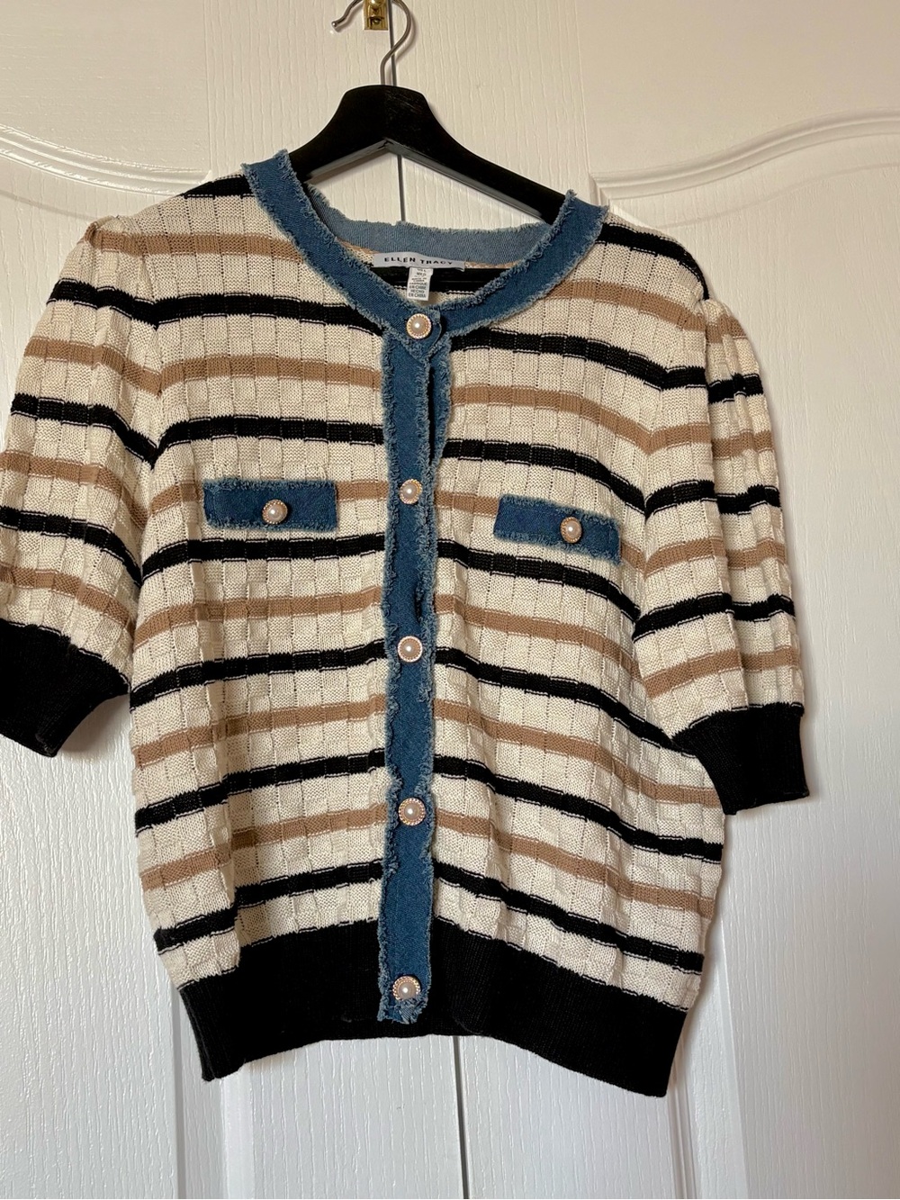 Ellen Tracy Striped Short-Sleeve Cardigan in Cream, Black, Tan & Blue Trim